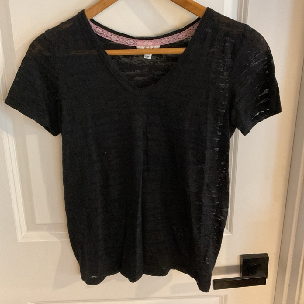 Grane - Short Sleeve Classic Black V-Neck Juniors Sheer Top - Size Medium